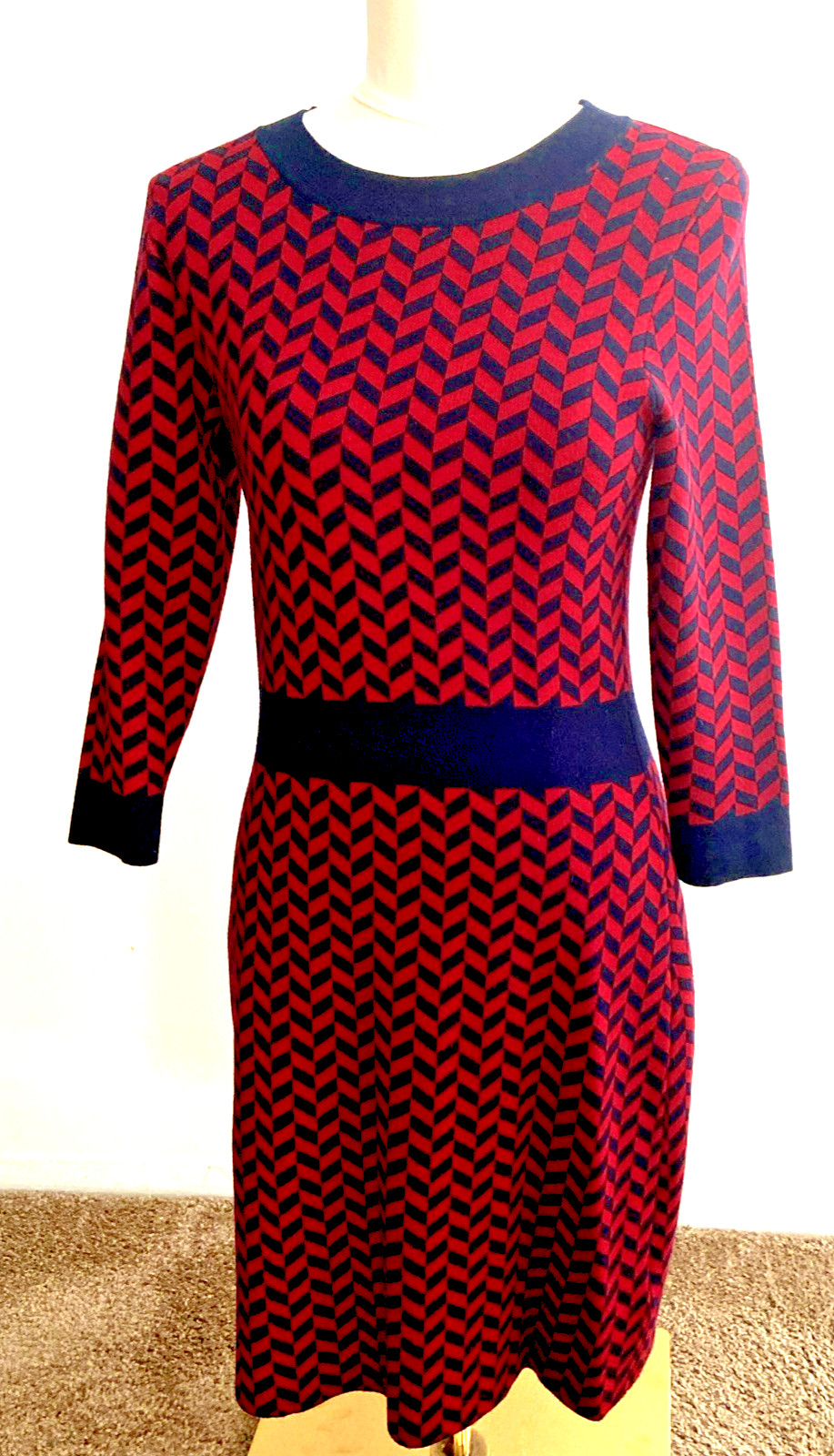 The Boden Phoebe Jacquard Knit Sweater Dress Red Navy Blue Chevon Pattern Size 6