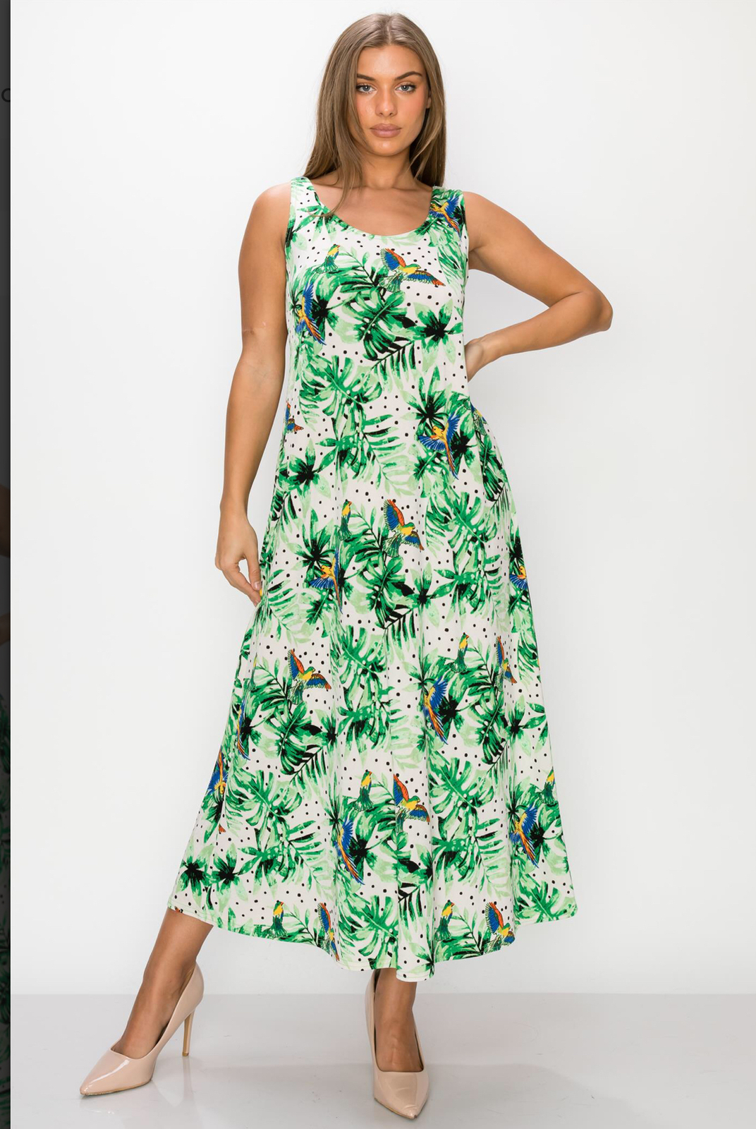 JOSTAR Slinky LONG TANK DRESS Poly Spandex Knit GREEN Birds RED S M L XL 2X 3X