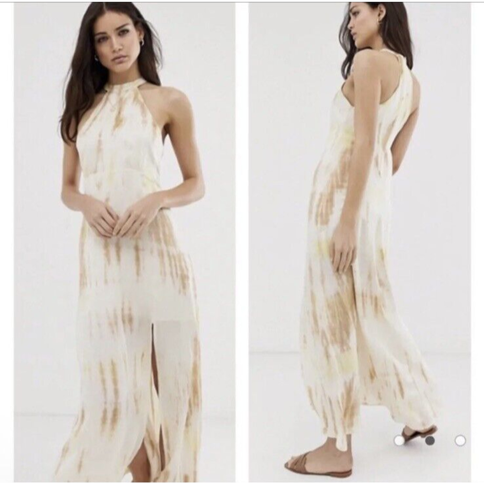 Stradivarius Halter Front Slit Maxi Dress Silky Satin Lined Size M New
