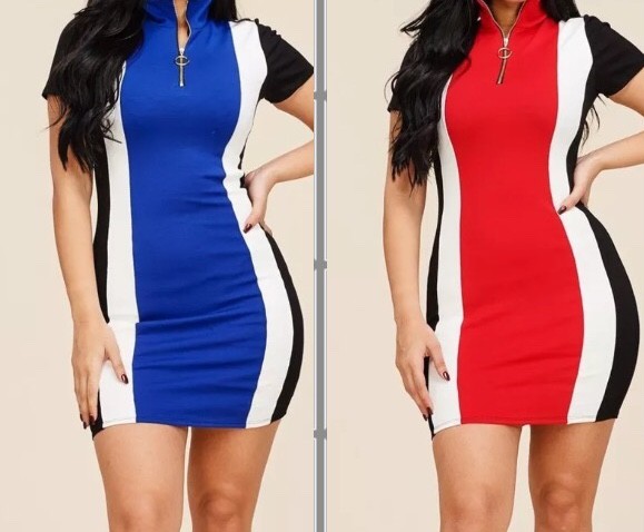 US Seller!!! NEW Short Sleeve Color Block Black Dress with Front Zipper