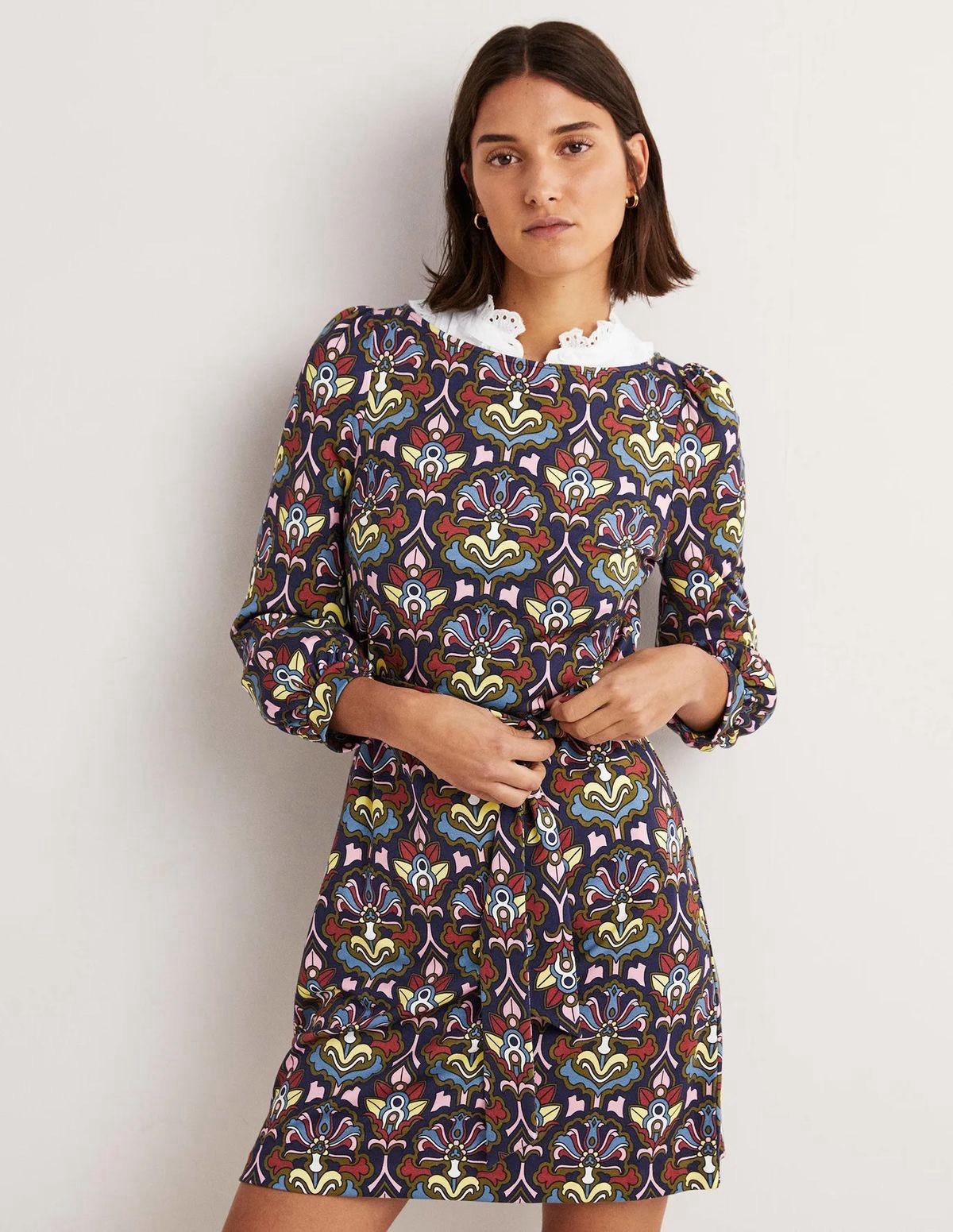 BODEN Tie Detail Jersey Shift Dress Size US 4R Multicolor Print