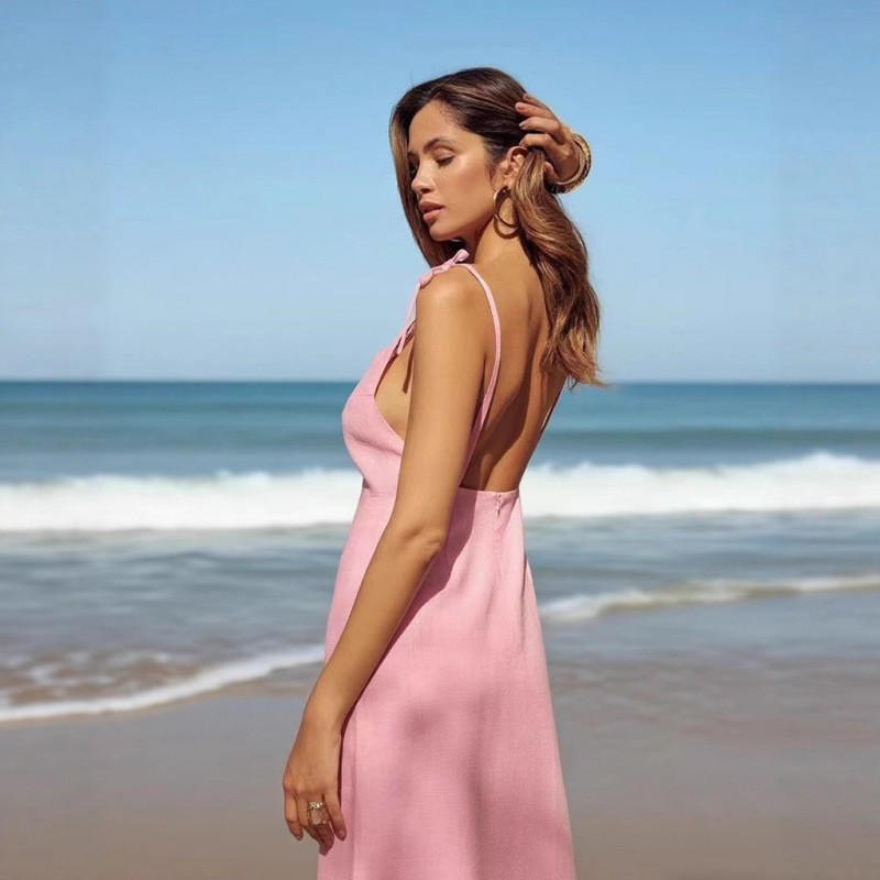 Elegant Backless Spaghetti Strap Dress V-Neck High-Waist Cotton