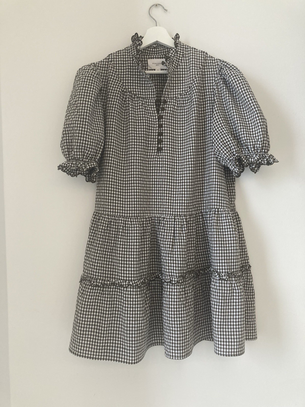NWOT Pomander Place Brown White Gingham Linen Cotton Babydoll Puff Sleeve Sz L