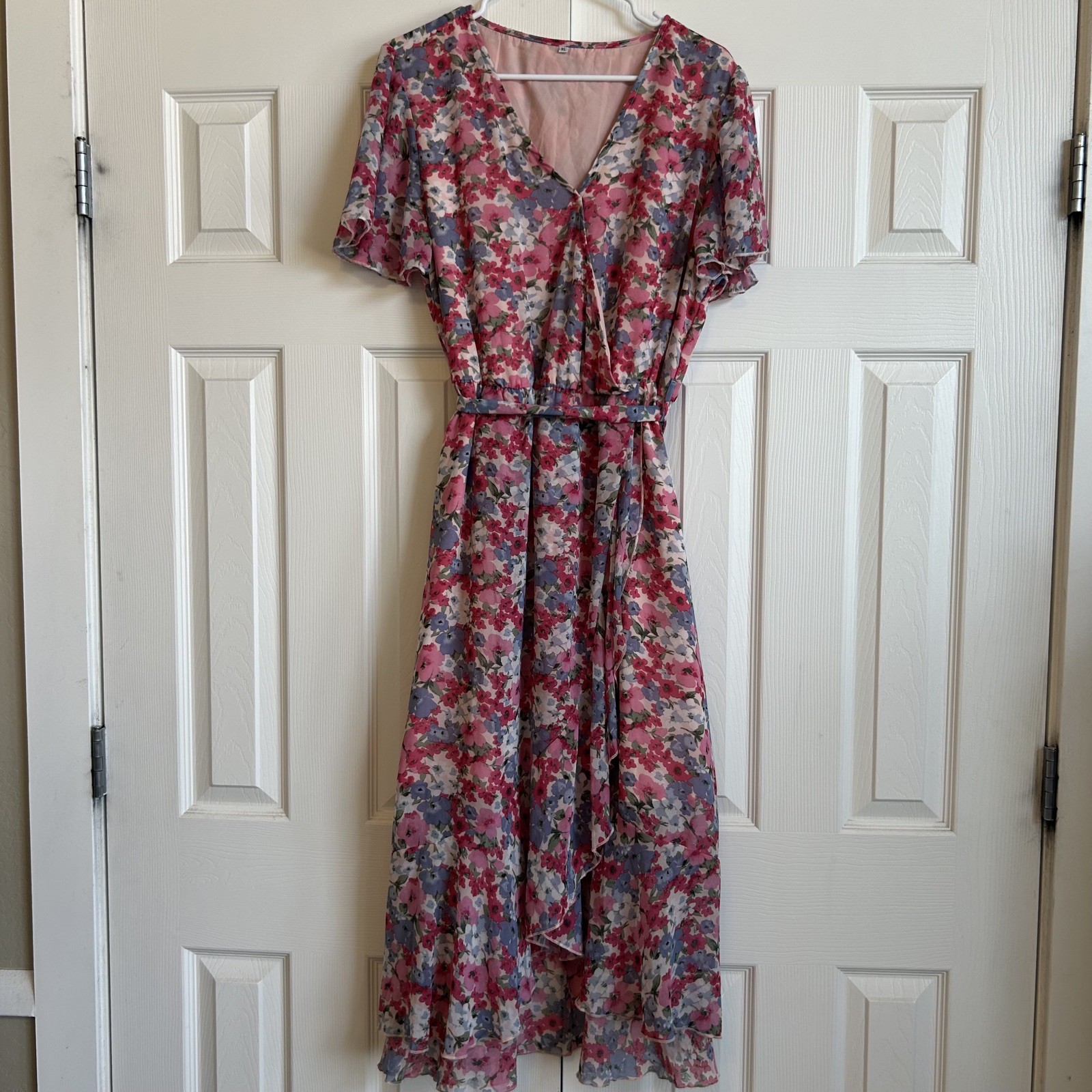 Mopoogoss Pink Green Blue Red Floral Short Sleeve Midi Cottage Dress Size XL