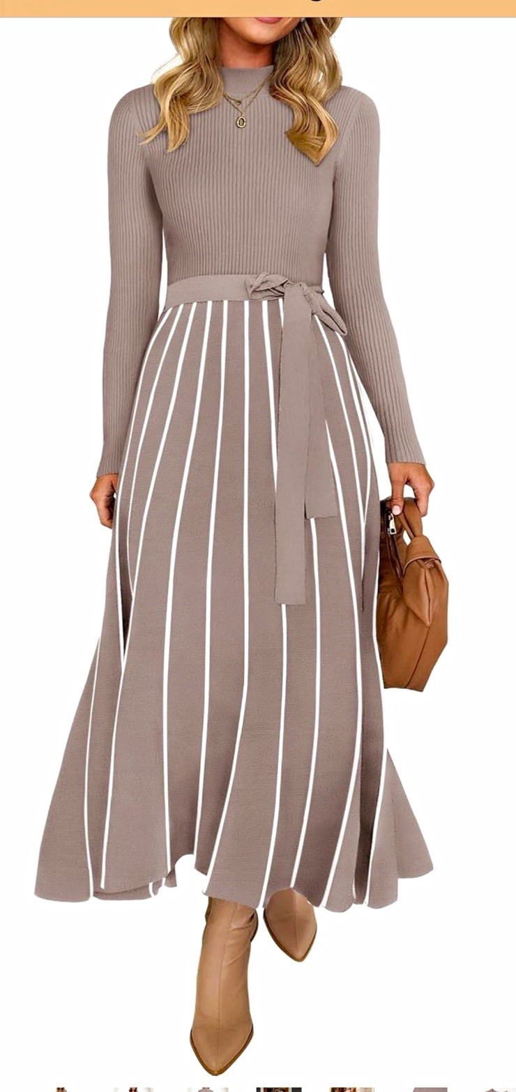 ZESICA Taupe/White Striped Knit Sweater Dress Crew Neck Pleated Belted XL