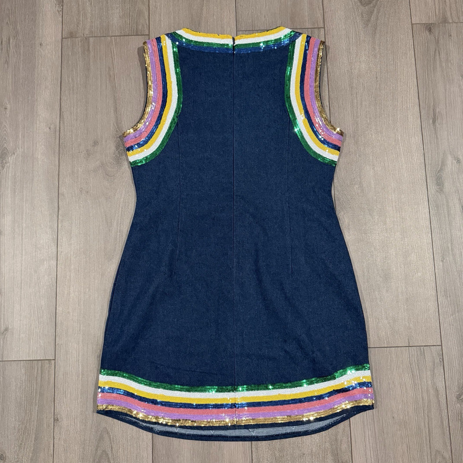 Queen Of Sparkles Rainbow Sequin Trim Denim Cut Out Dress Med Retro Skating