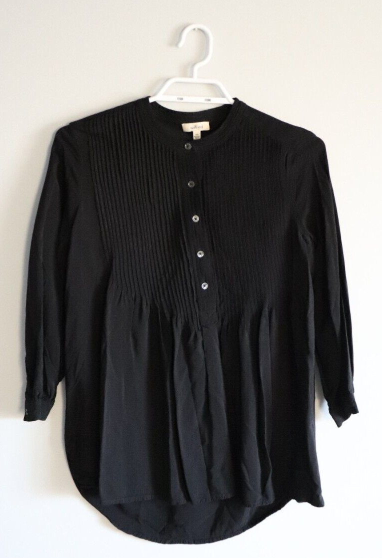 Wilfred Free Women’s Black XXS Pleated Eyelet Buttoned Long Sleeve Tunic Top