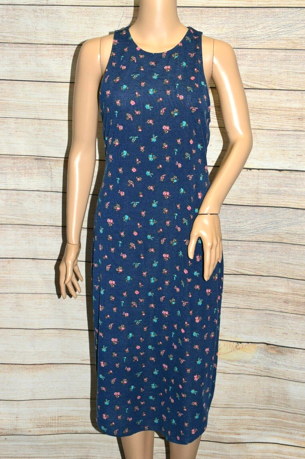 NWT BONGO M NAVY BLUE FLORAL LACE OPEN BACK CUT OUT HIGH NECK STRETCH TANK DRESS