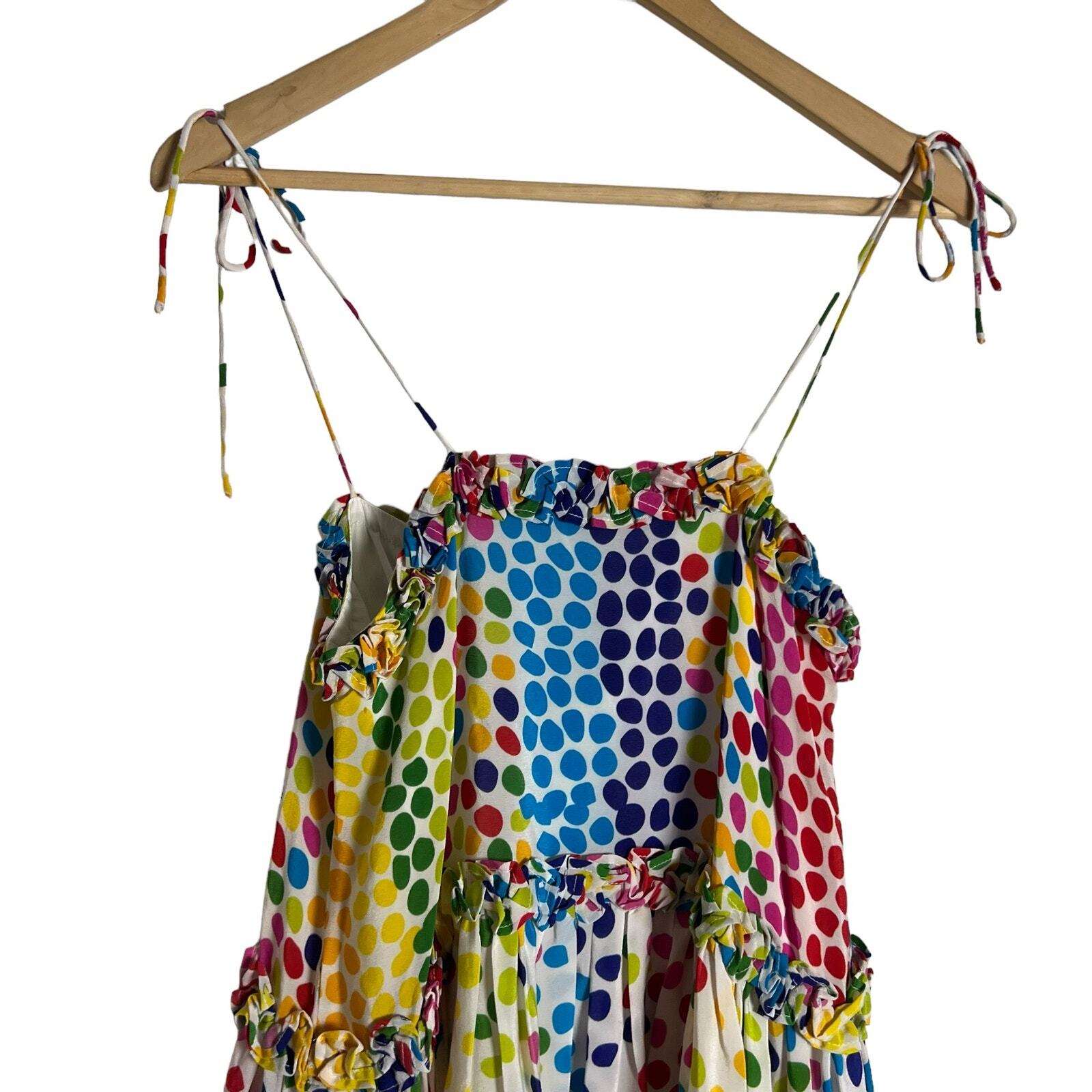 All Things Mochi Blessica Rainbow Polka Dot Print Tiered Silk Mini Dress Sz S