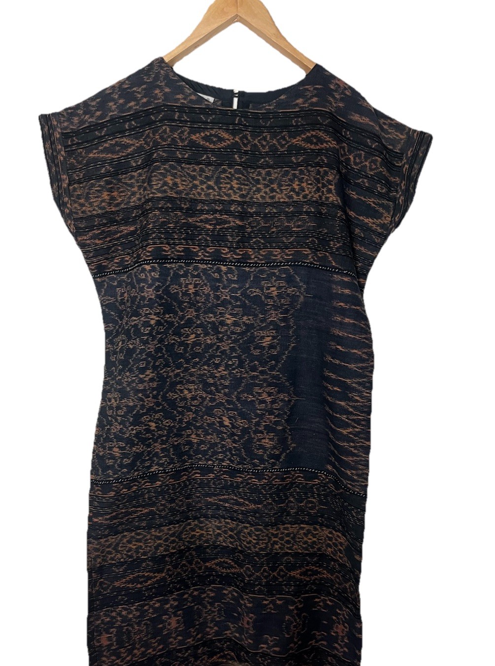 We Be Bop Textured Cotton Shift Midi Dress Black Brown Tribal Print Cap Sleeve