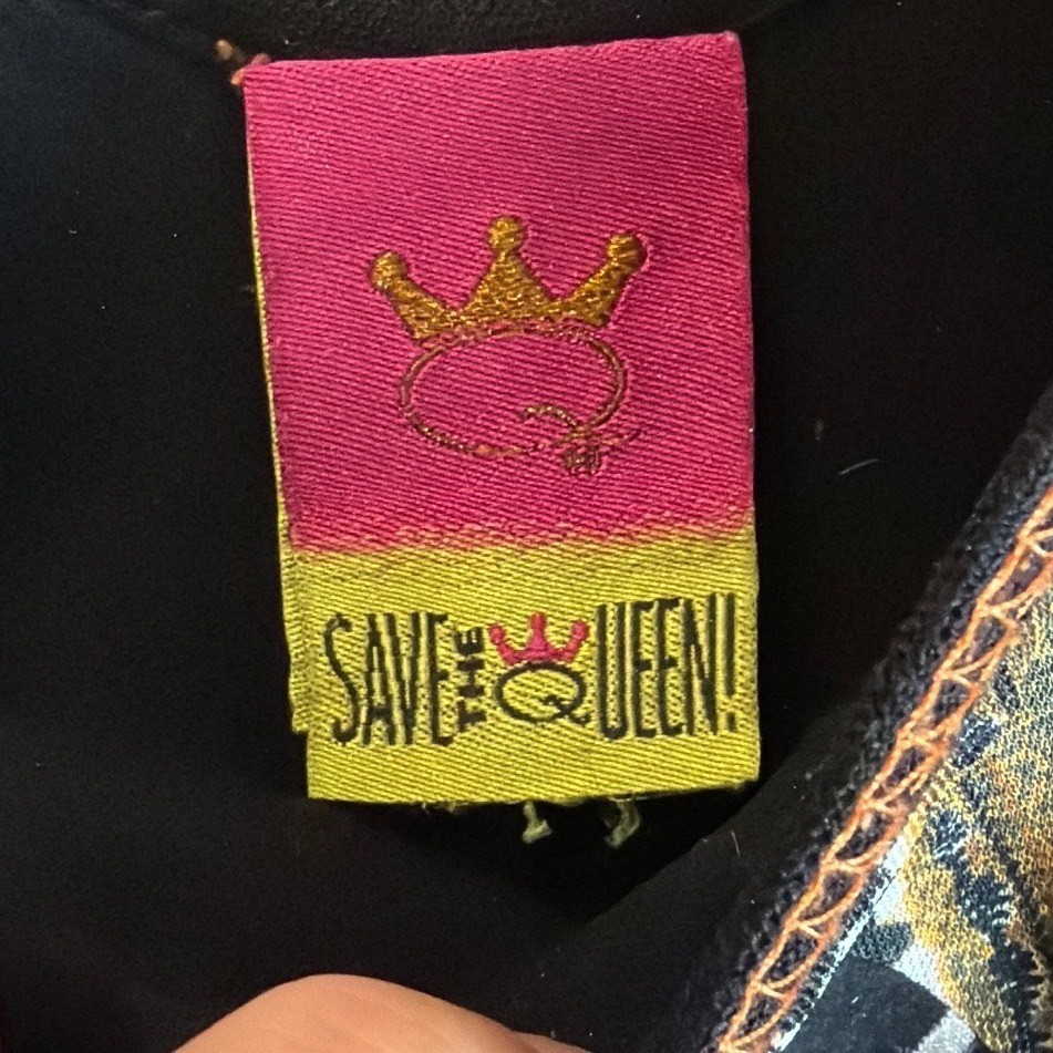 Save the Queen! Patchwork Print Embroidered Mesh Mini Dress XL Made in Italy Y2K