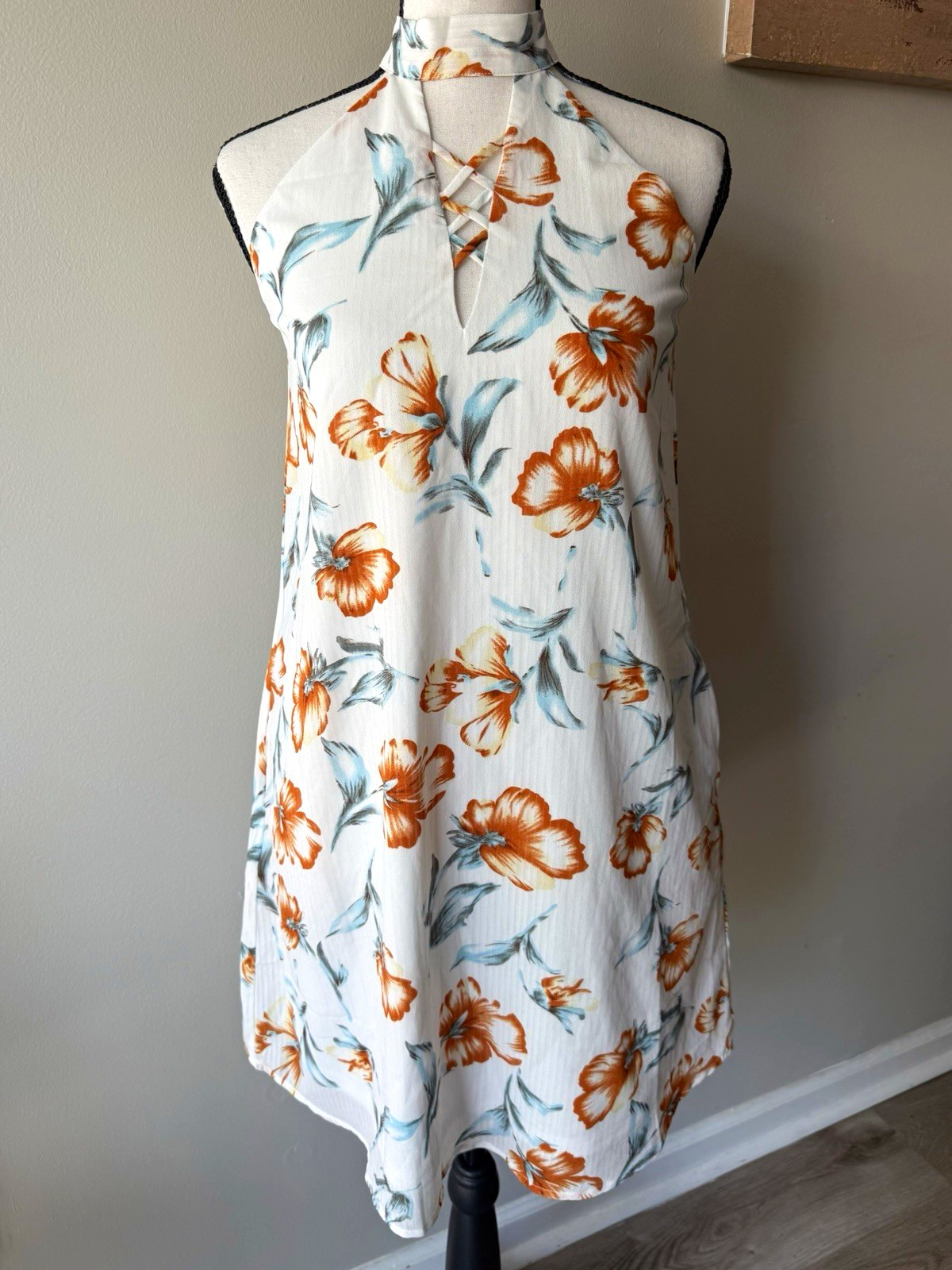 POLAGRAM Women’s NWOT Floral Halter Mini Dress Small White Lined A-Line