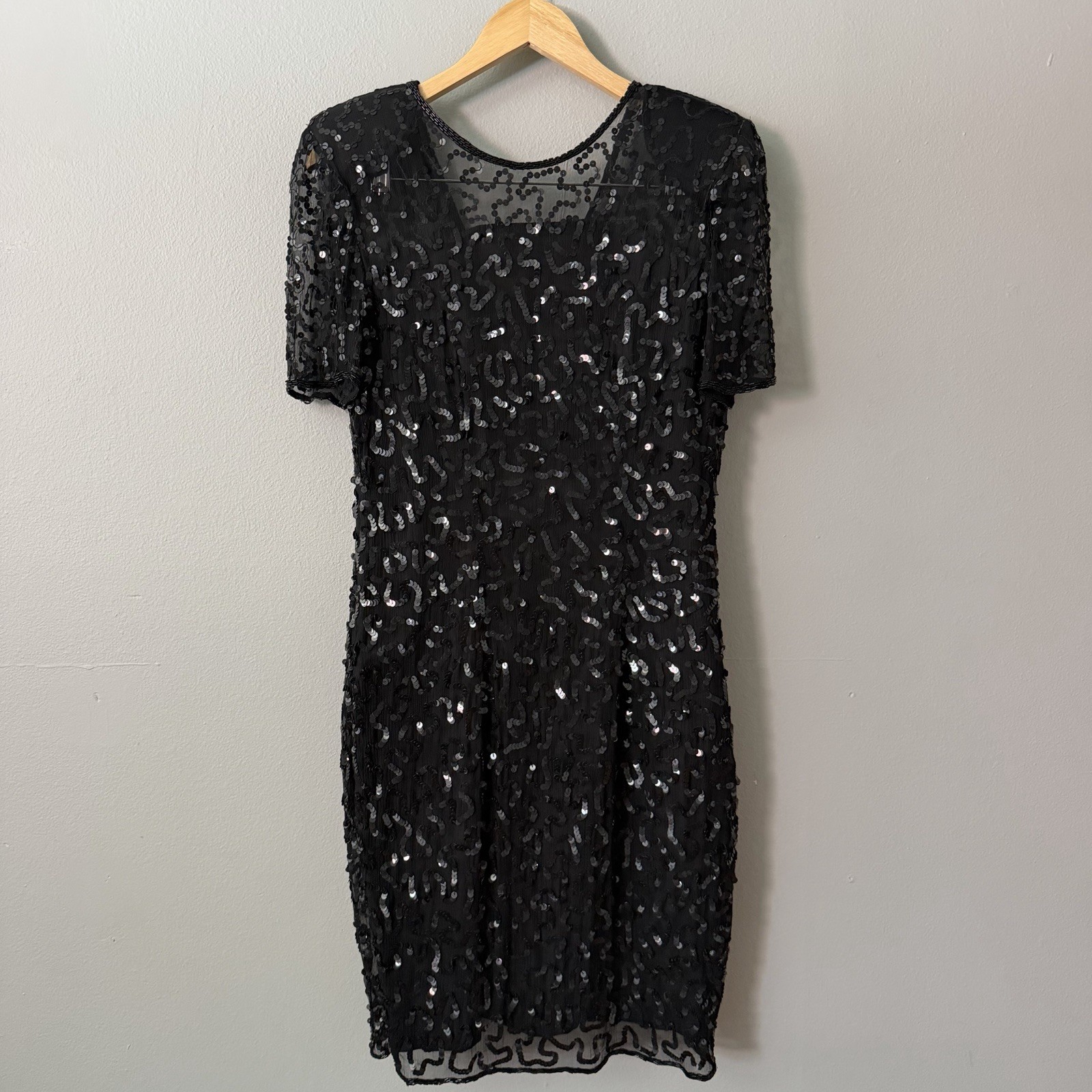 Vintage Leslie Fay Evenings Silk Sequin Beaded Cocktail Dress Black Size 8