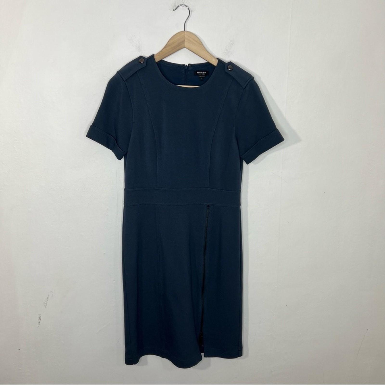 Worth New York Blue Zipper Front Ponte Knit Cuffed Short Sleeve Dress Size 6