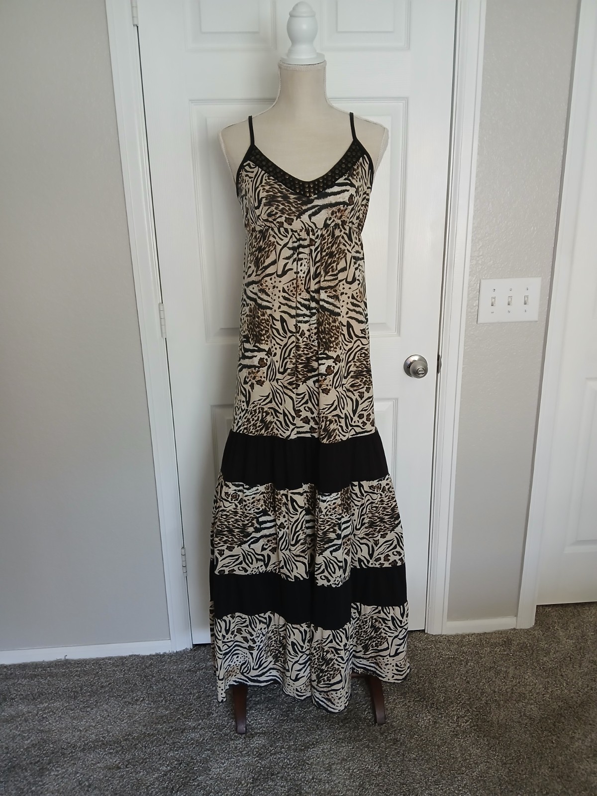 Leopard Zebra Sleeveless Tiered Maxi Dress XL Boho Festival Beach Resort Animal
