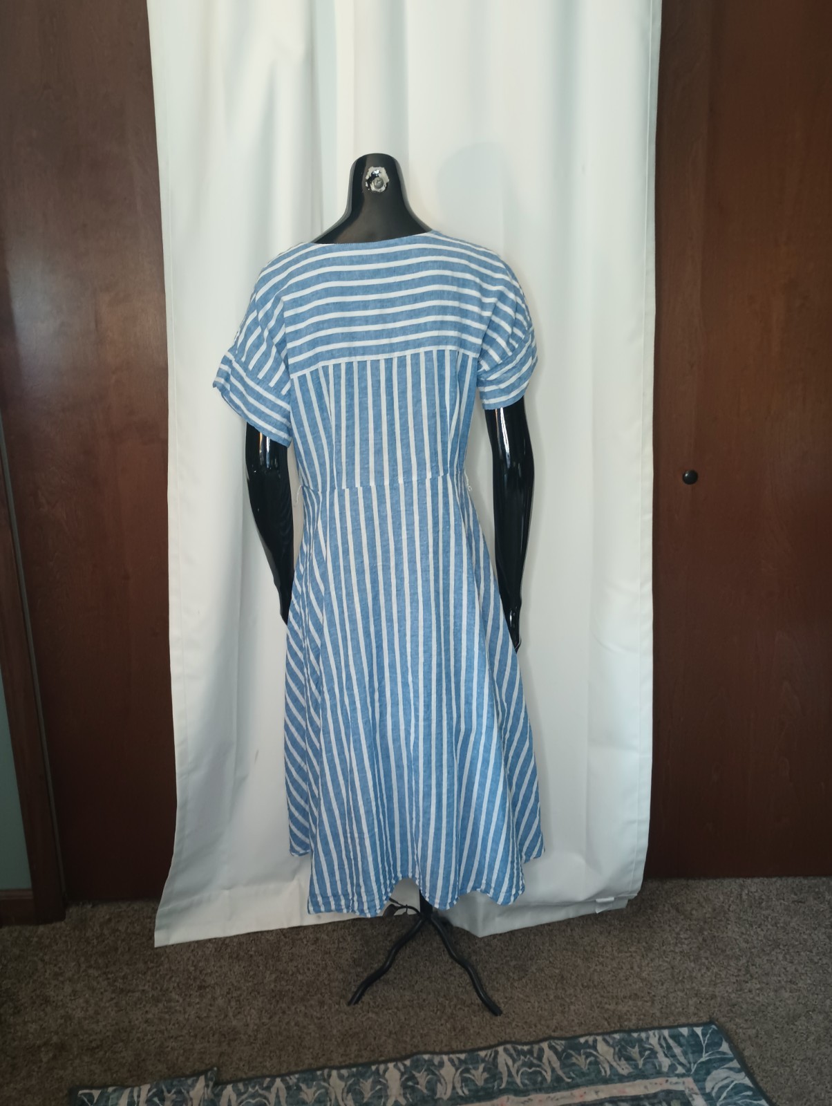 Chaps Womens Linen Shirt Dress Medium Blue Stripe Classic Coastal Nautical