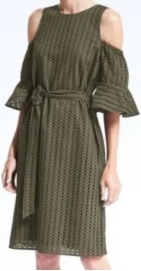 Banana Republic Flutter Sleeve Eyelet Cotton Dress Olive Green XL