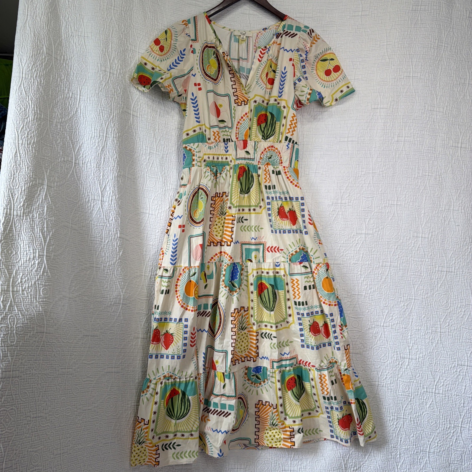 Easel Fruit Print Cotton Tiered Midi Dress Small Short Sleeve Garden Cottagecore