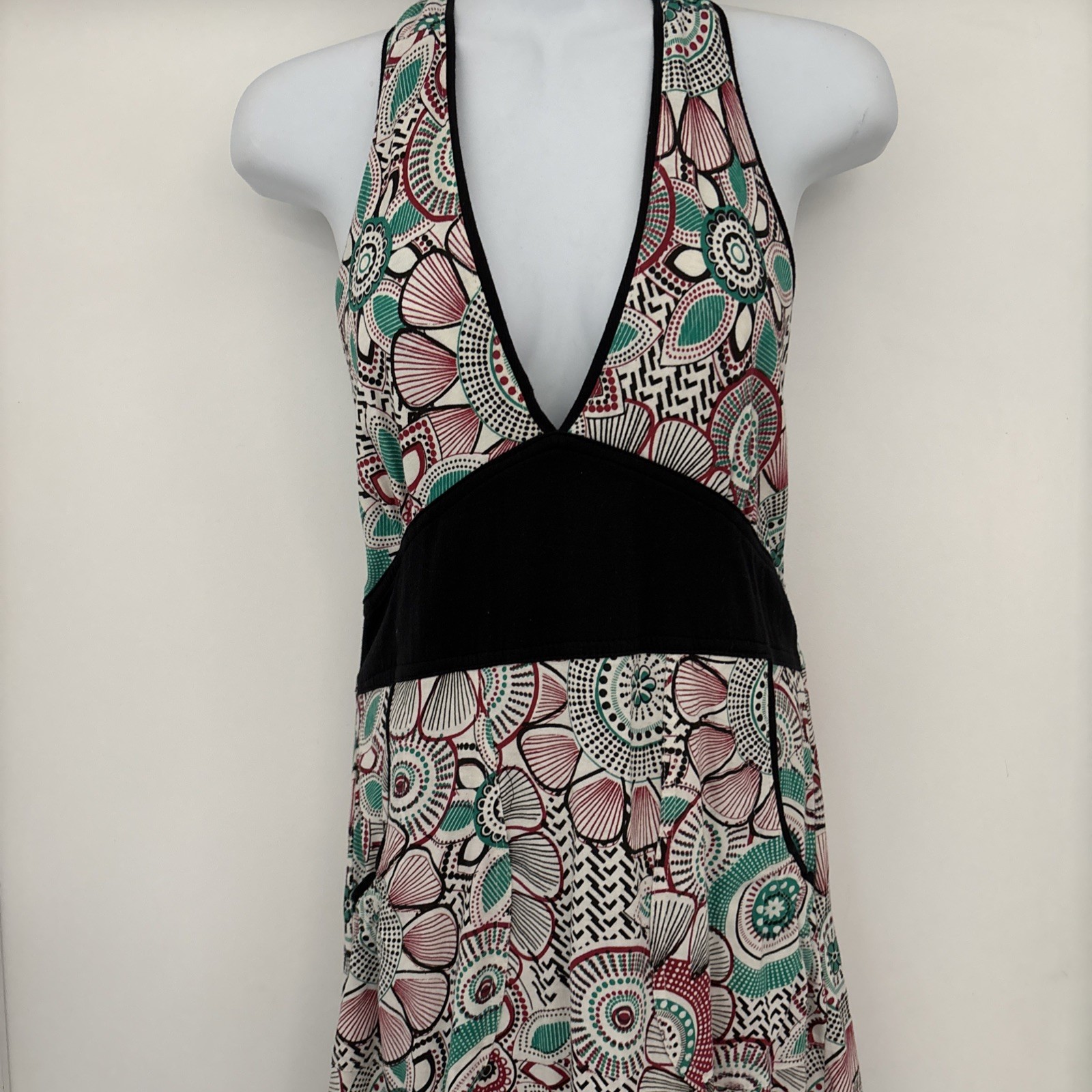 EUC Jayli Open Back Tie Halter Midi Dress Green Black Hippie Beach Boho M