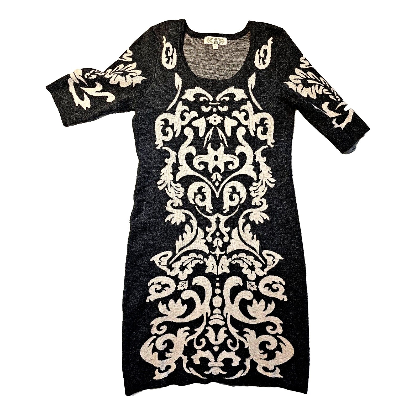 Sweater Dress Sz Large Black White Stretch Bodycon Preppy Pink Rose