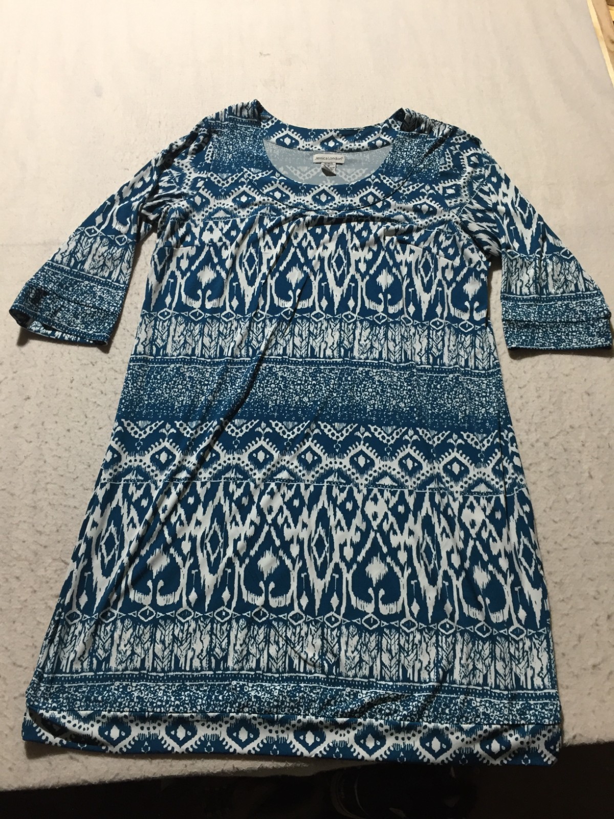 Jessica London Dress Womens 16 Teal White Geometric 3/4 Sleeve Flowy