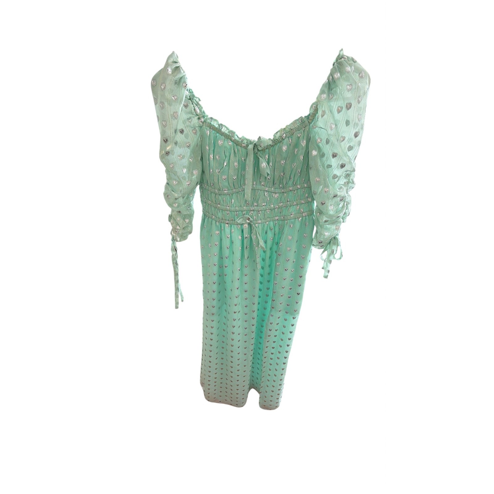For Love & Lemons Mint Silver Heart Midi Dress – Size XS