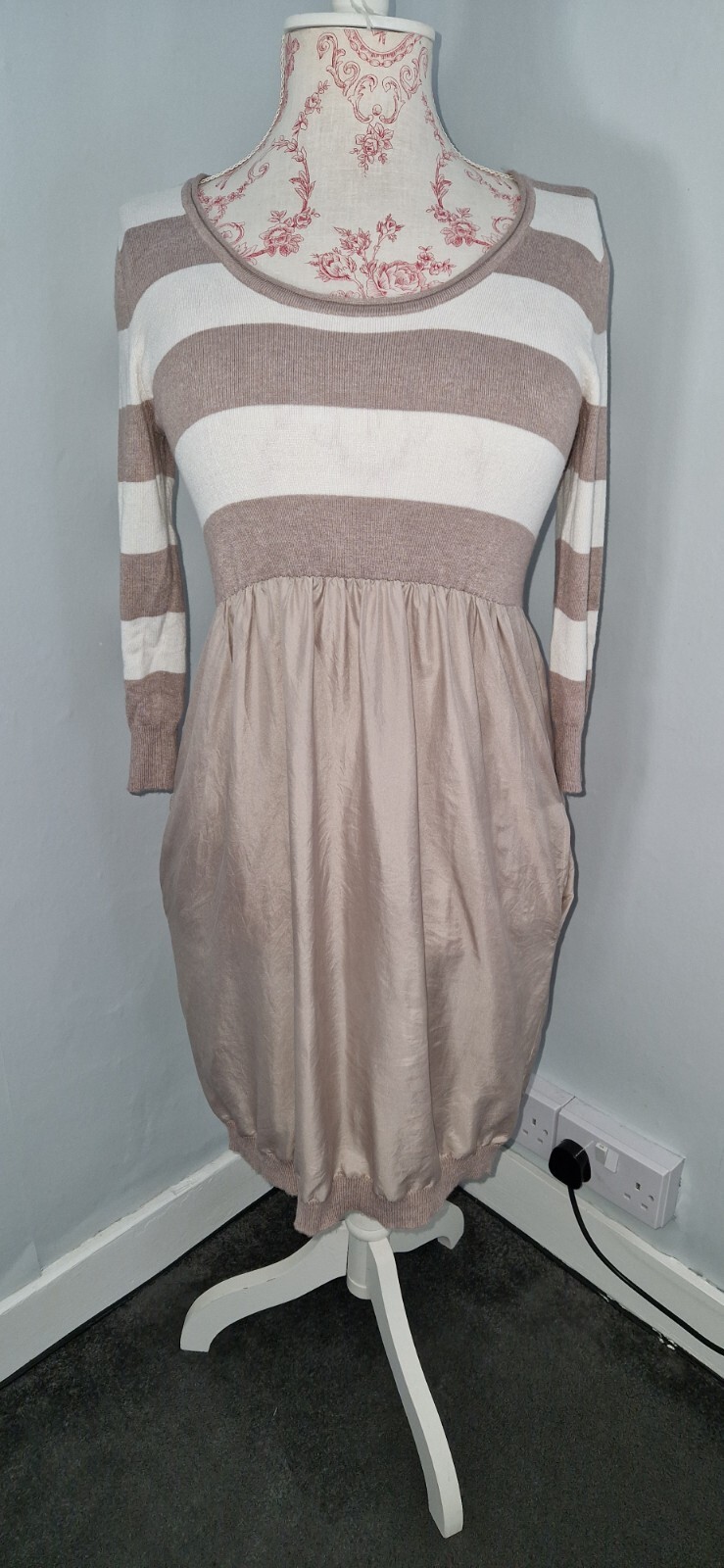 Mint Velvet Tunic Dress Size UK 10 Cream Brown Stripe Pockets Silk Skirt Summer