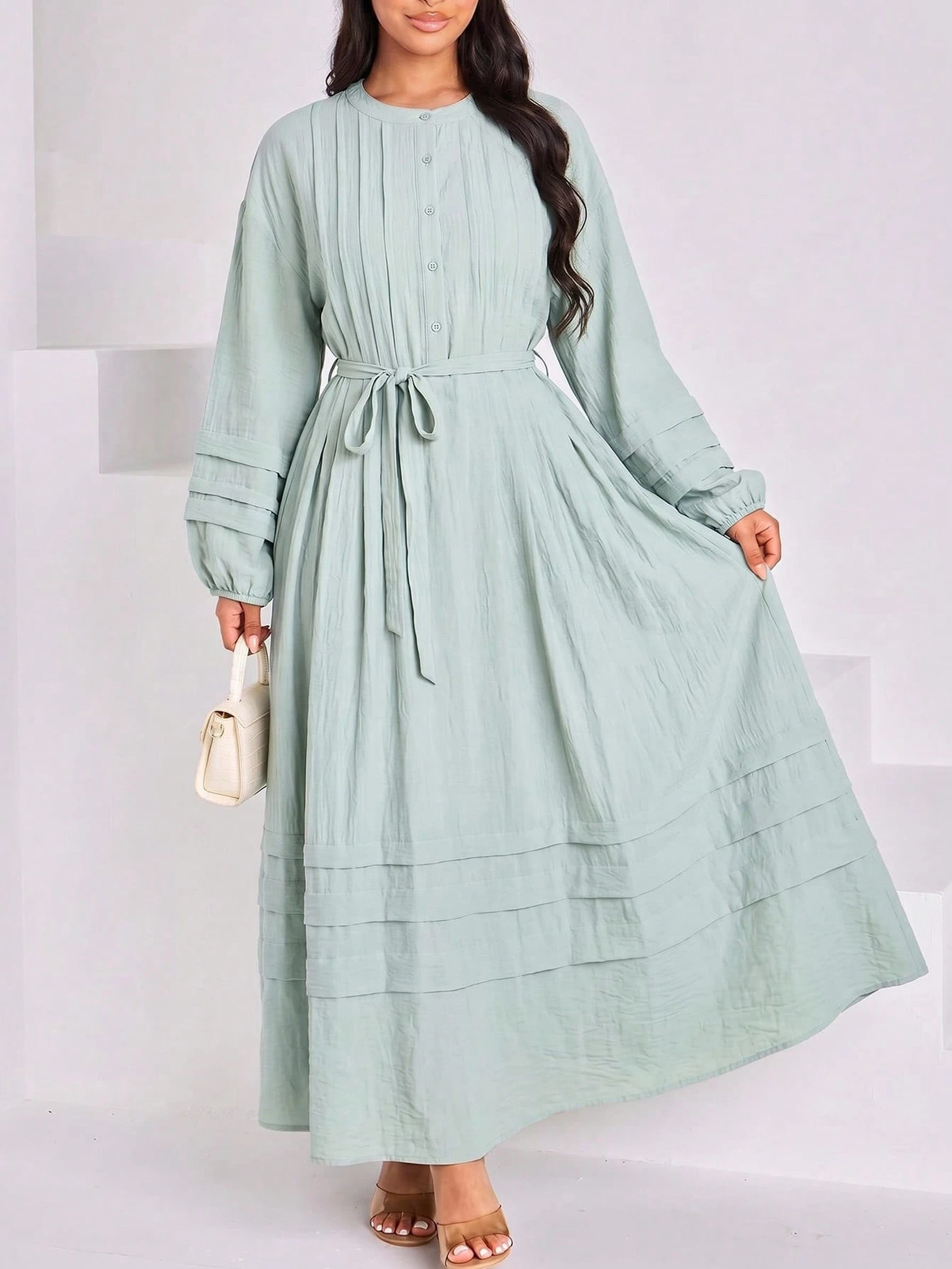 Womens Elegant Round Neck Button Detail Long Dress