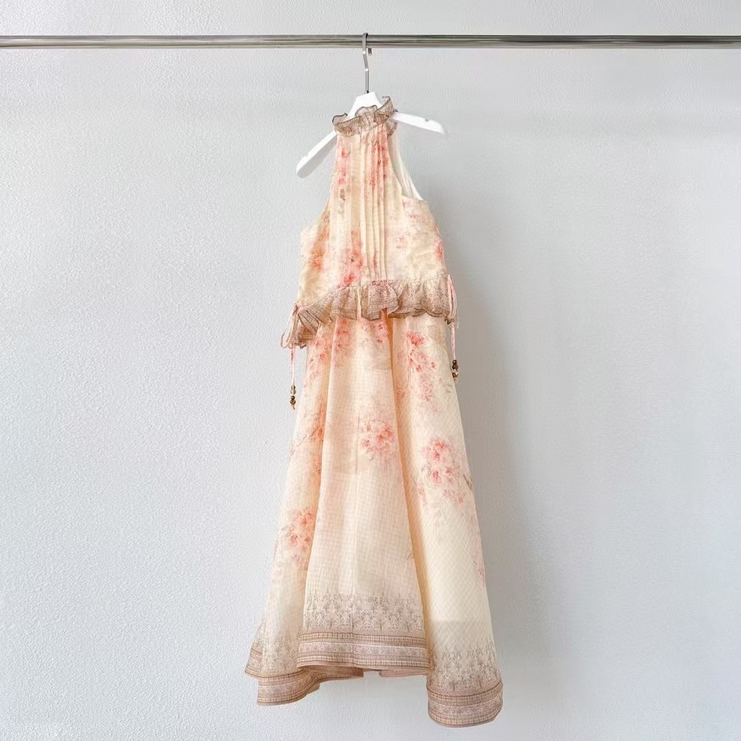 Zimmermann Illustration Peach Floral Halter Neck Ruffle Waist Midi Swing Dress