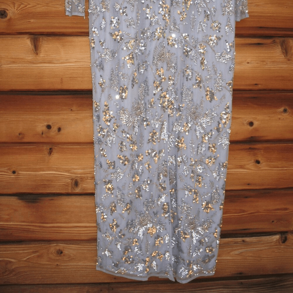 MAC DUGGAL 93939 Womens High Neck Long Sleeve Embellished Column Gown Dress Blue