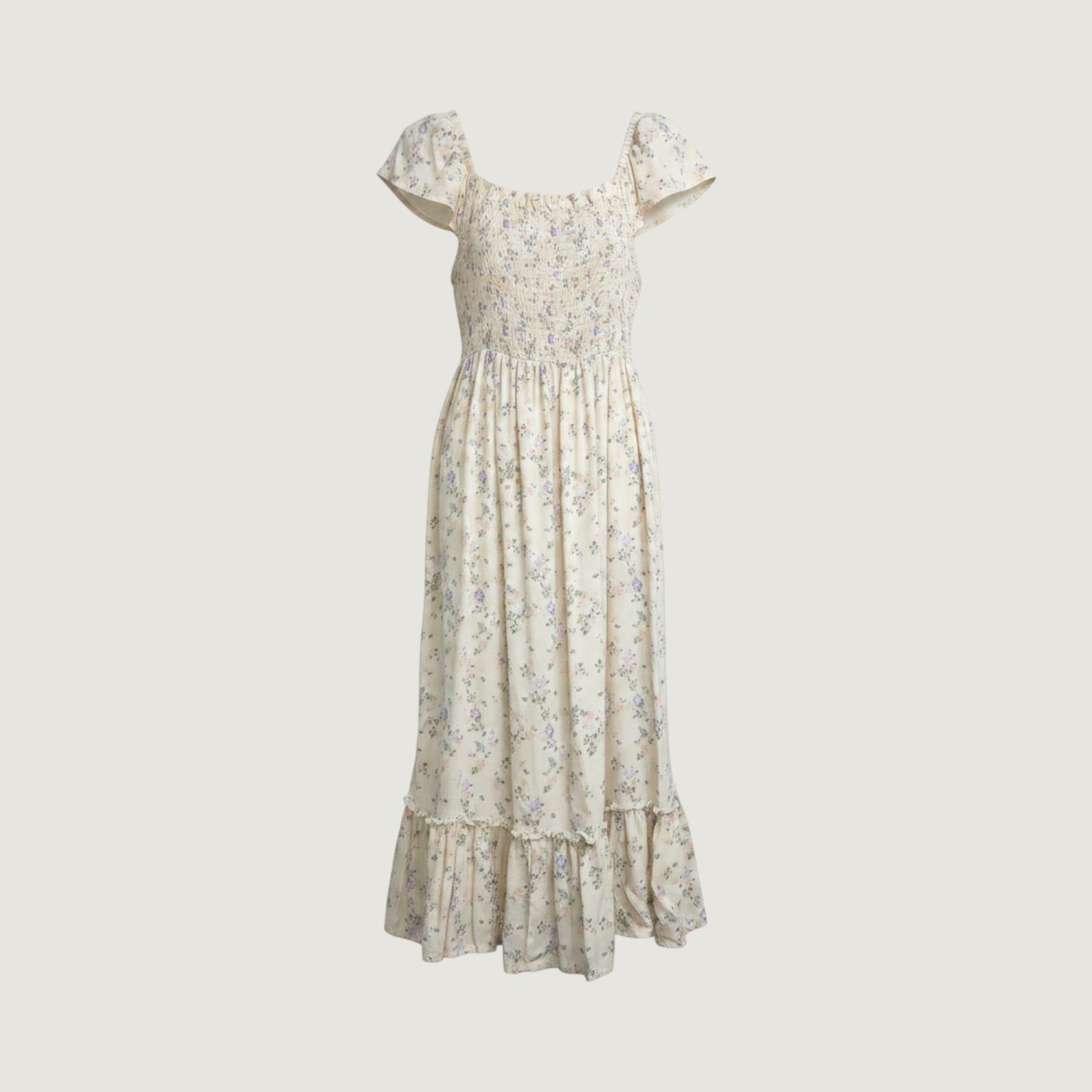 Arizona Jean Co Floral Smocked Midi Dress Cream Flutter Sleeve Womens Large