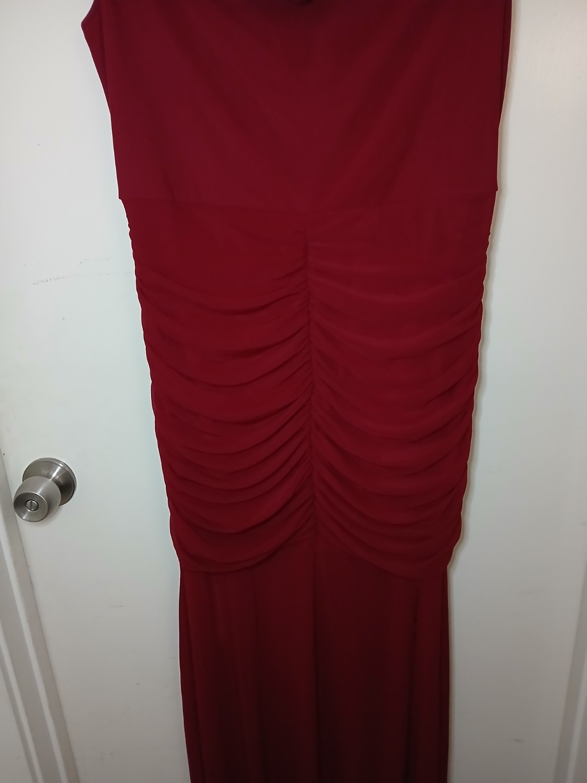 oy Red Solid Ruched Stretch Cowl Neck Cap Sleeve Long Gown Dress Women XL