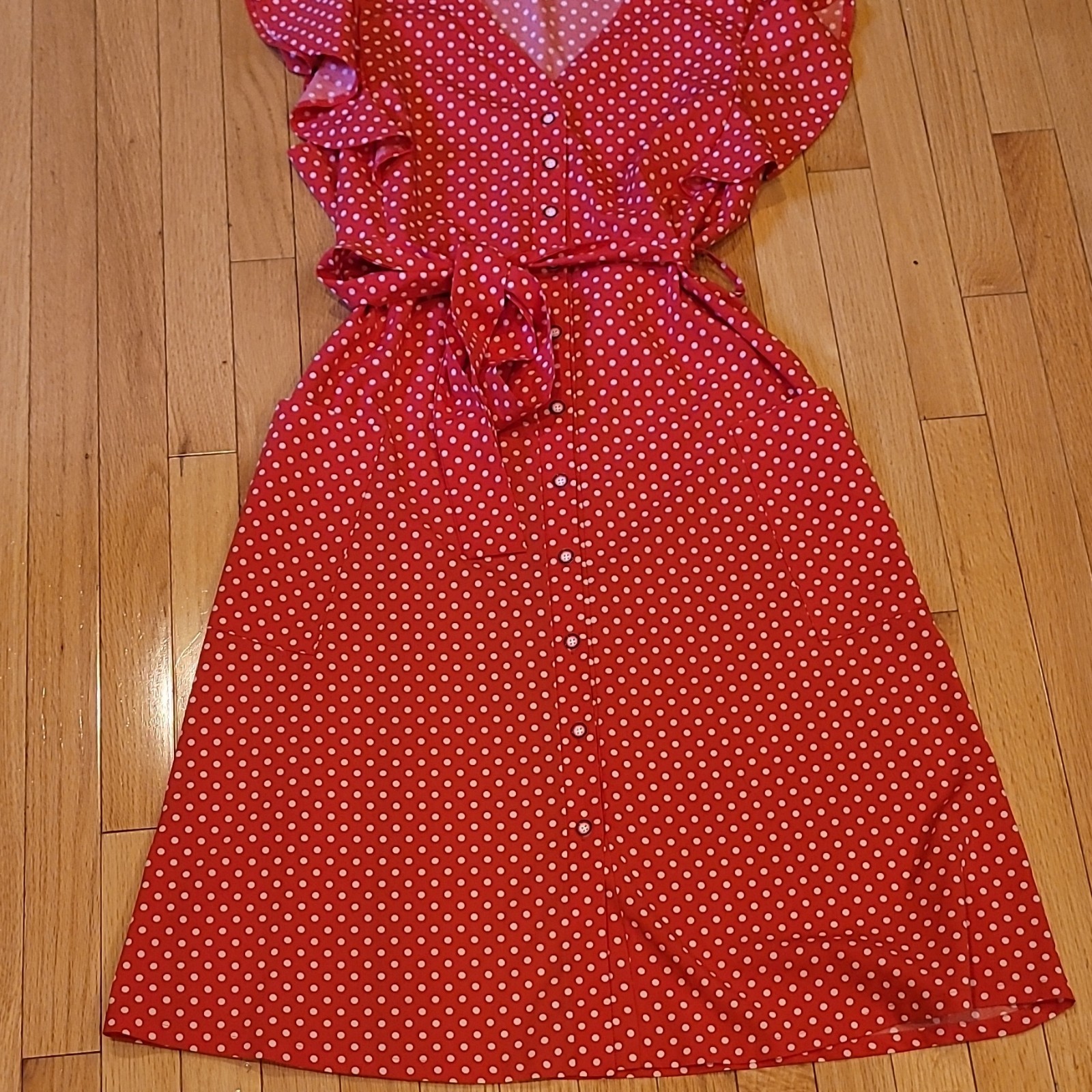 Red/White Polka Dot V-Neck Button Front Flutter Sleeve Midi Dress XL Pockets