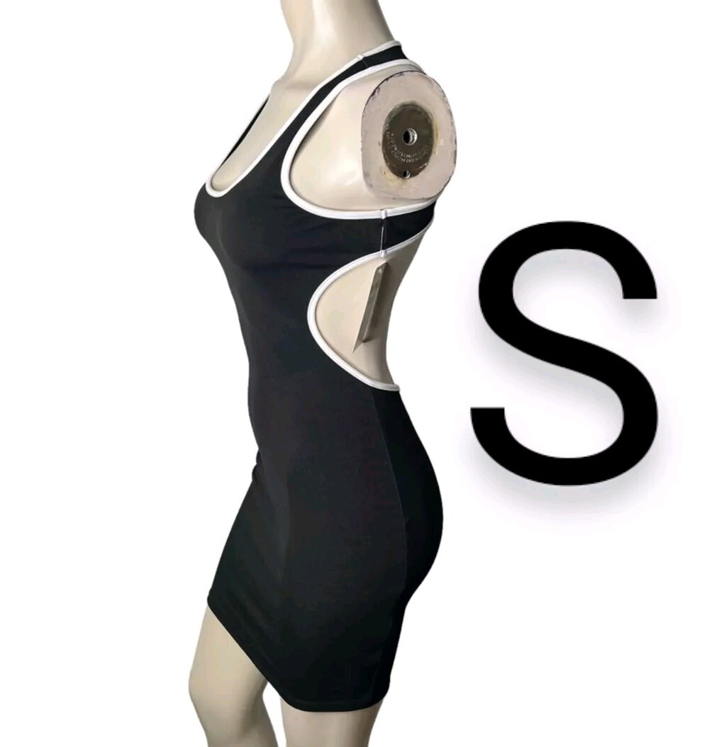 🆕Black & White Trim Cut Out Open Back Stretch Fashion Bodycon Mini Dress~Size S