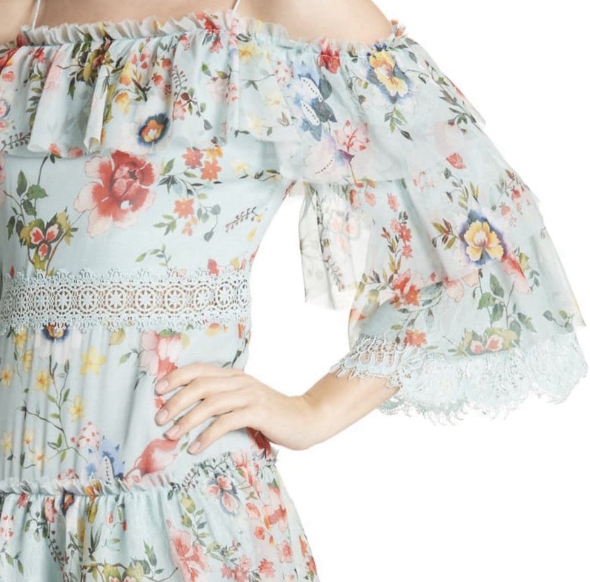 Alice + Olivia Santos Silk Floral Off Shoulder Lace Ruffle Mini Dress 4 NWT