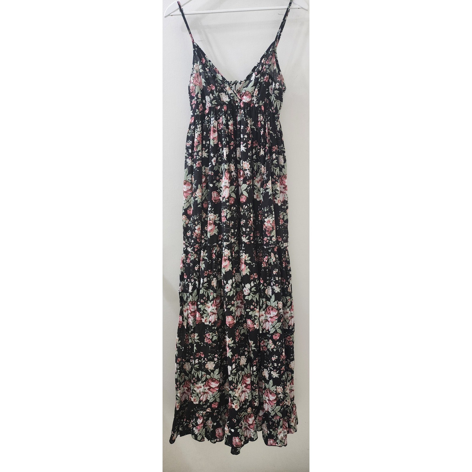 Lani Black Floral Cotton Maxi Dress Tiered Boho Sun Dress Small RN 105098