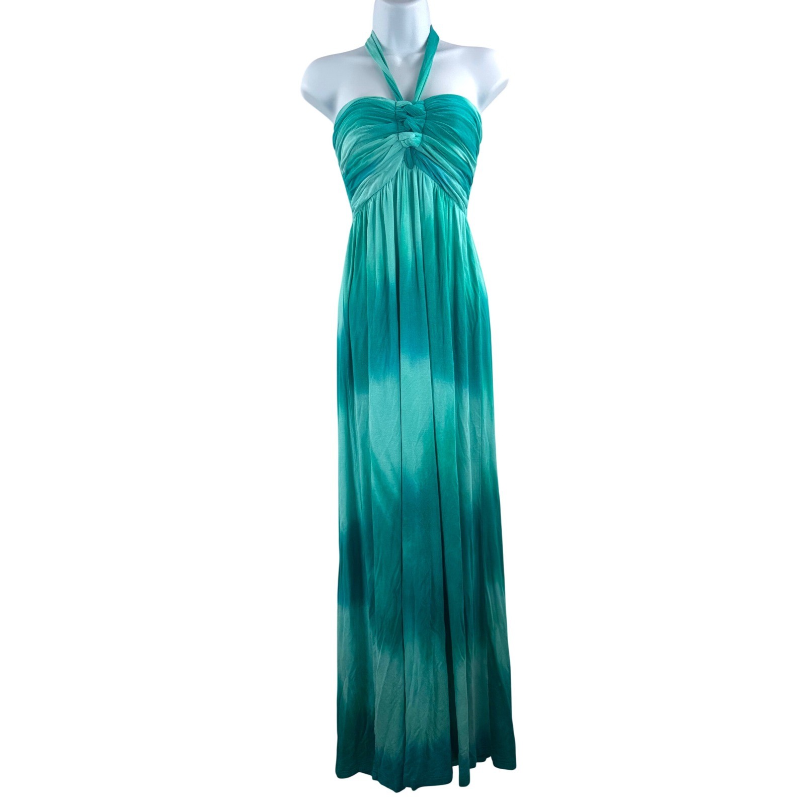 Ombre Halter Maxi Dress Teal Gradient Smocked beach boho jersey knit sz S