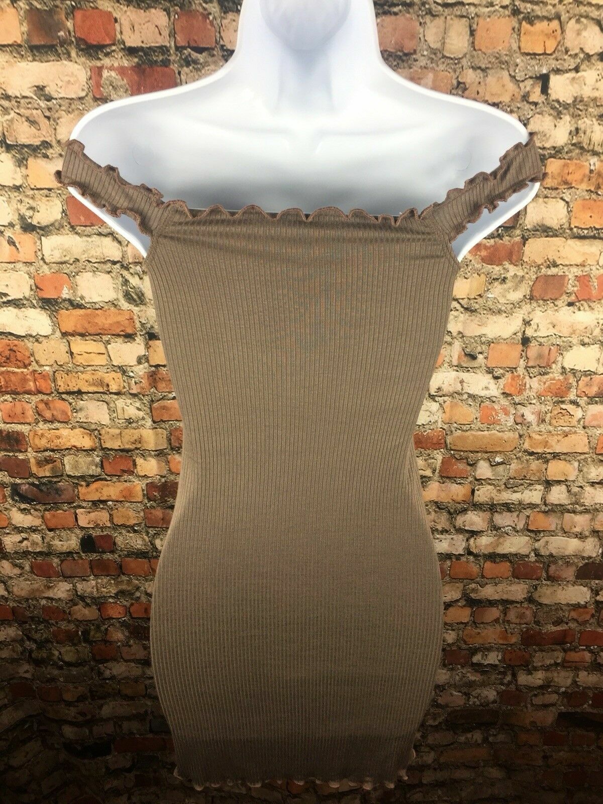 Ribbed Off The Shoulder Bodycon Mini Dress Small Brown Soft Stretch Coquette New