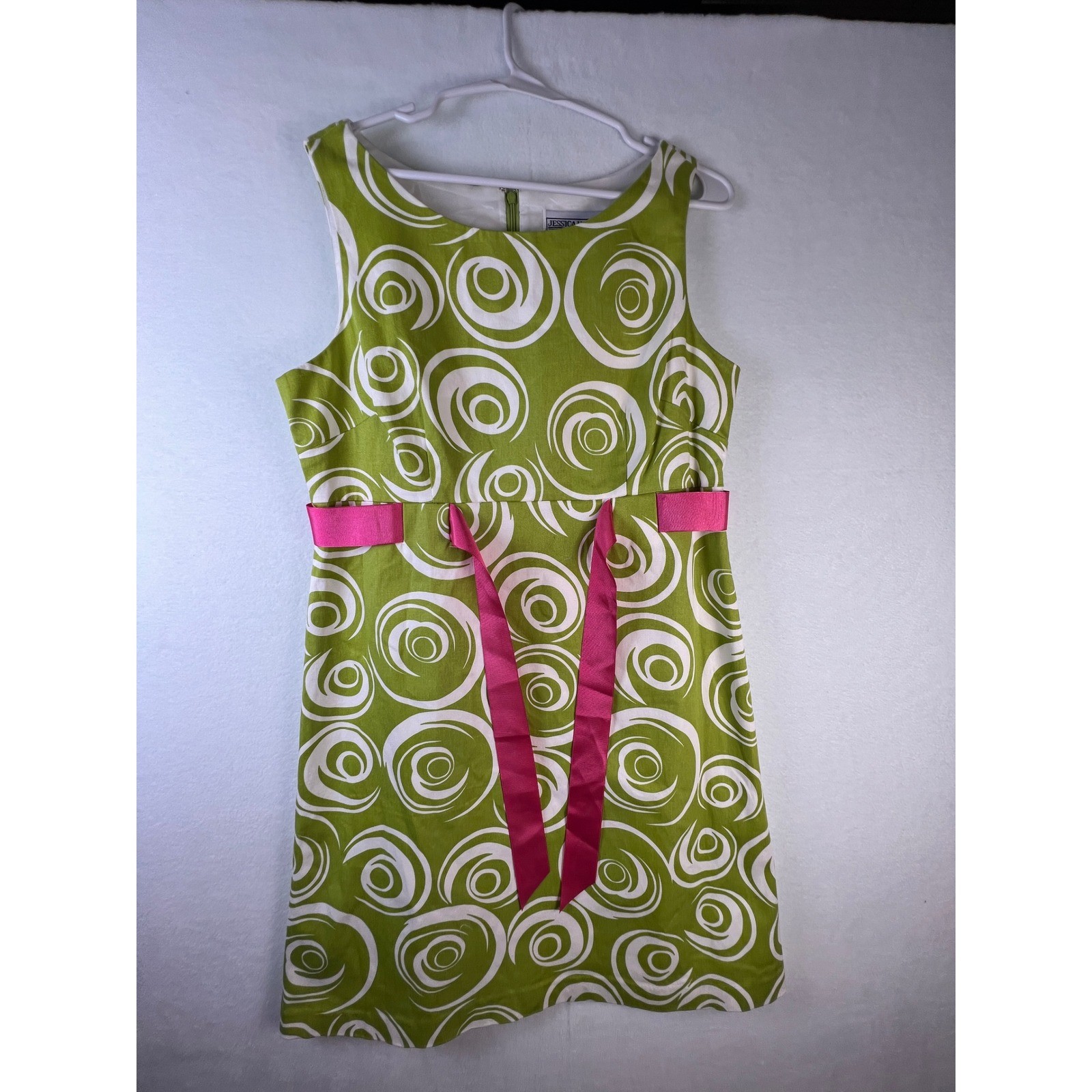 Jessica Howard Women 12 Green White Swirl Dress Pink Ribbon Belt Mod Retro Y2K