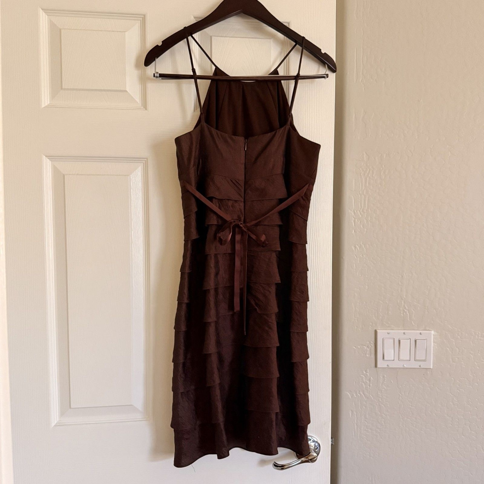 Caché Y2K Brown Iridescent Tiered Halter Mini Dress Jewel Embellishment Size 8