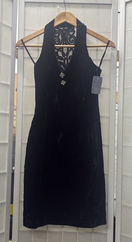 Vintage Velvet S Black Halter Dress Rhinestone Bodycon Mini Luxury Party NWT 90s