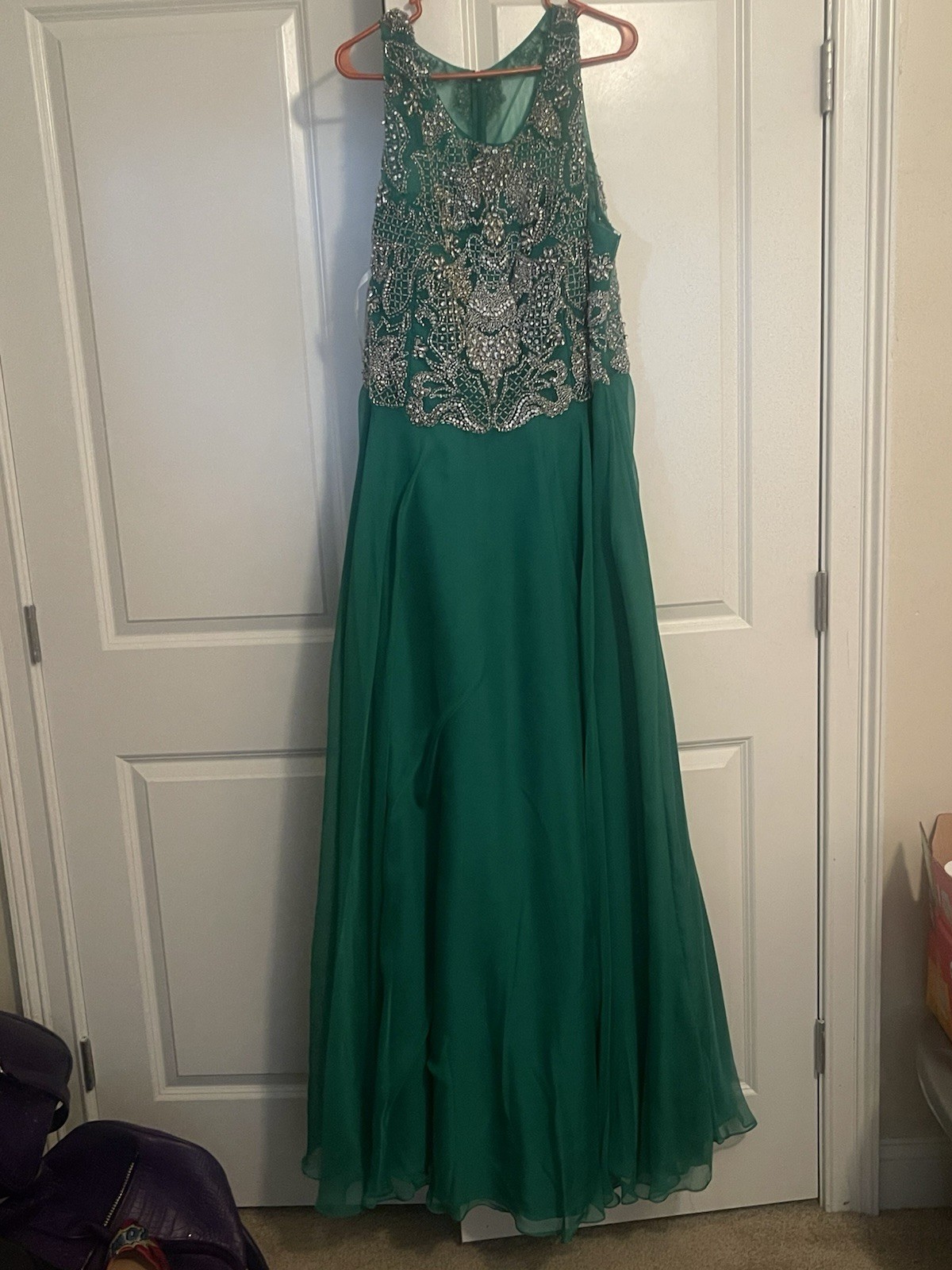 JVN by Jovani Green Beaded Satin Gown Illusion Neckline Long Size 24 Plus