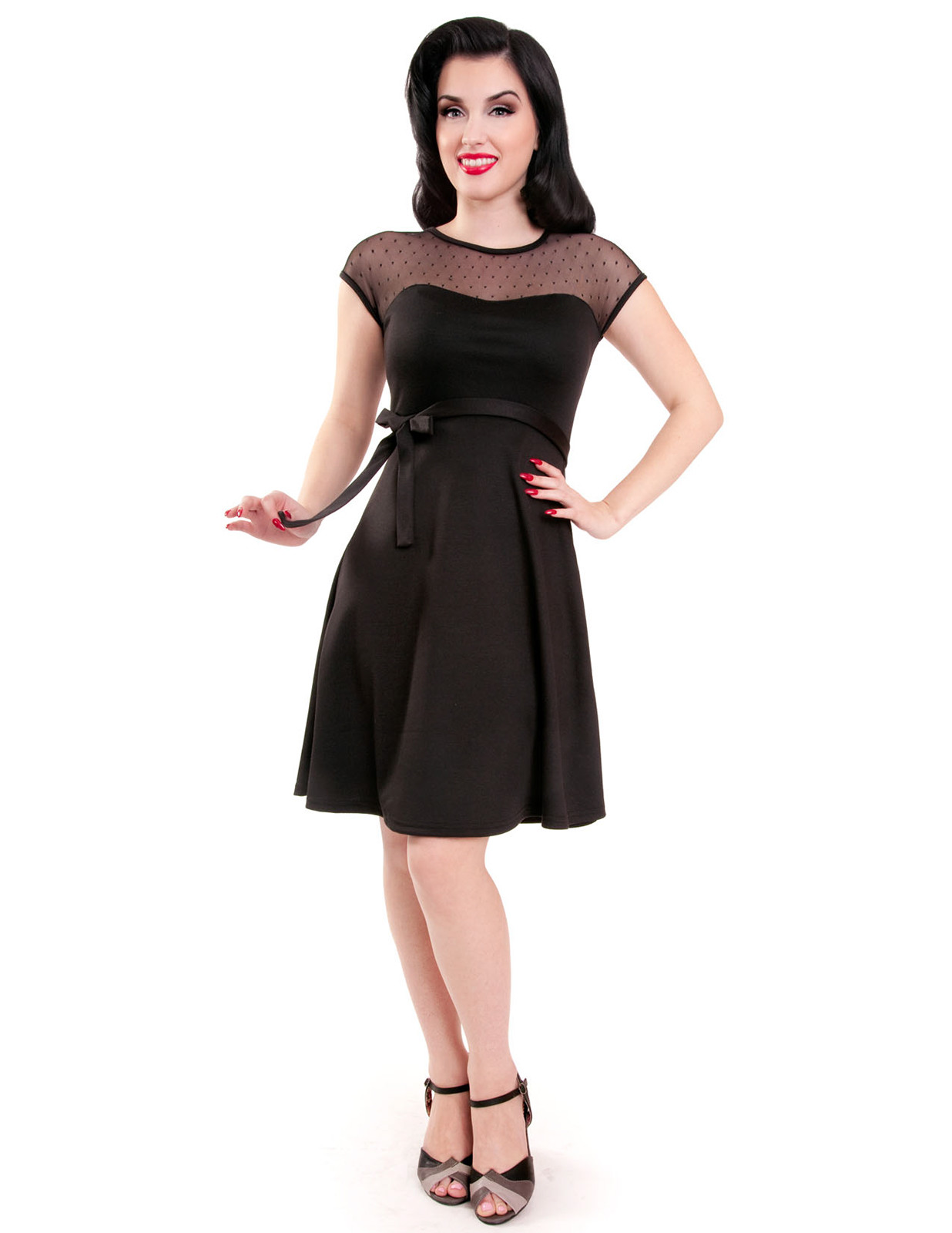 Rock Steady Retro Pin up Sheer Lace Polka Dot Little Black Dress