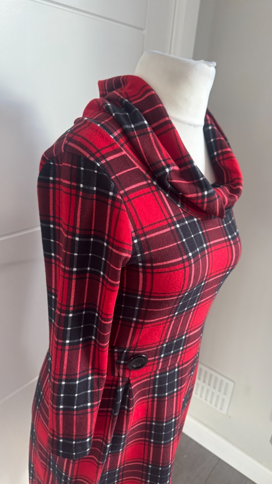 Apricot Red Black Tartan Check Cowl Neck Knit Jumper Dress M UK 12 B21