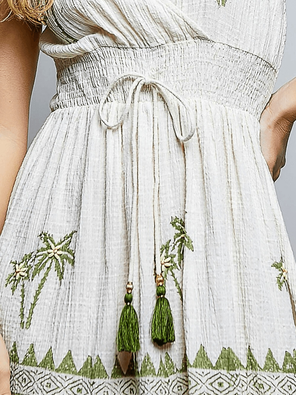 White Embroidered Palm-Print Sundress with Tassel Tie sz Small 2-4