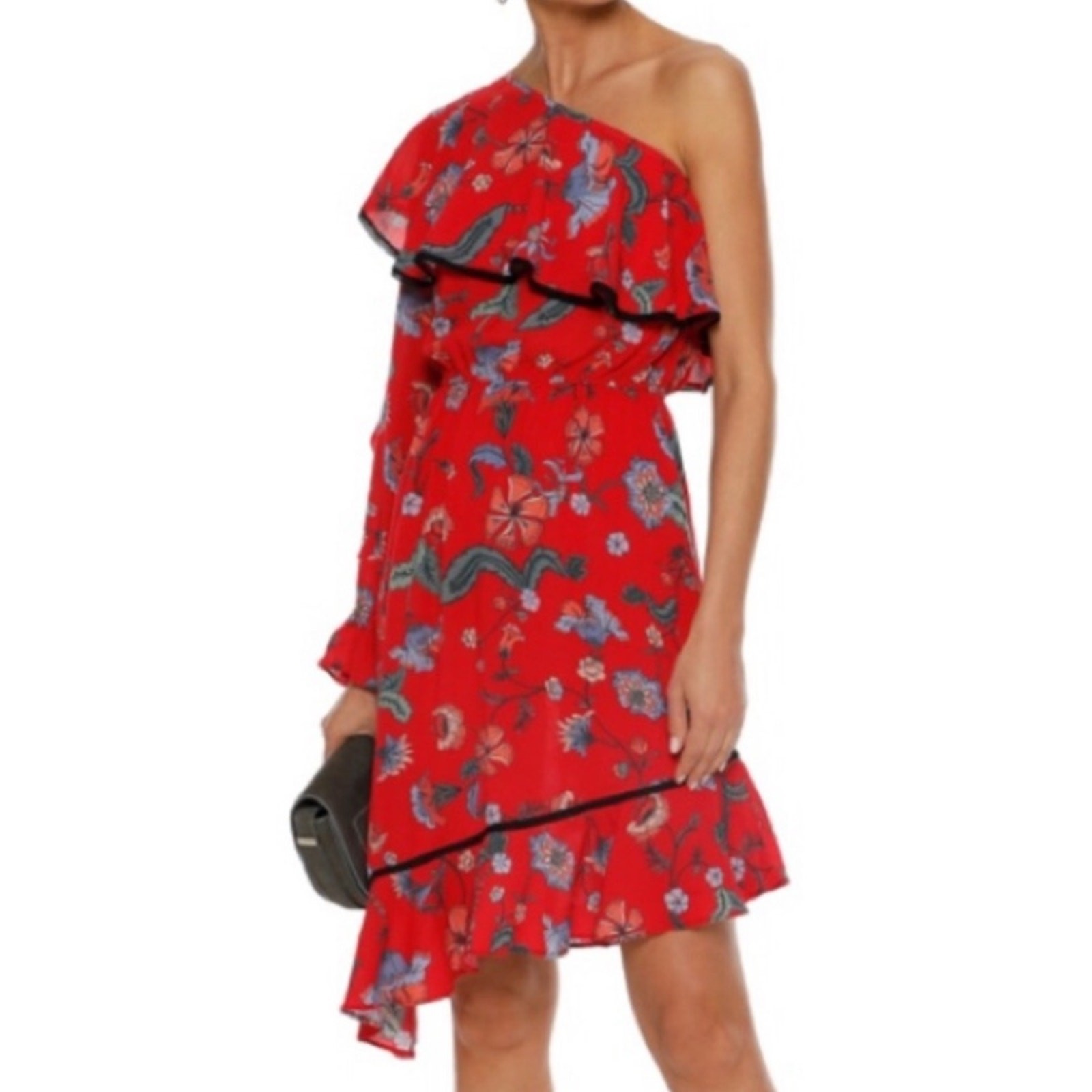 Love Sam Red Floral One Shoulder Asymmetrical Ruffle Dress XS Boho Viscose