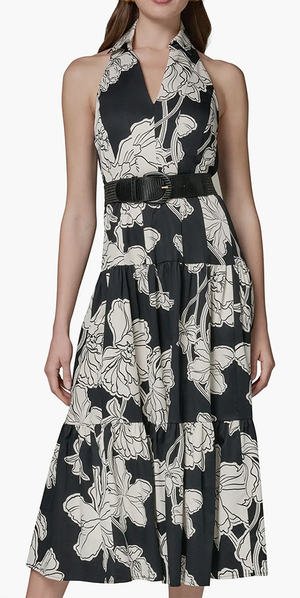 NWT Donna Karan NY Collared Halter A-Line Slvless Dress, 6, Black/Cream, $199