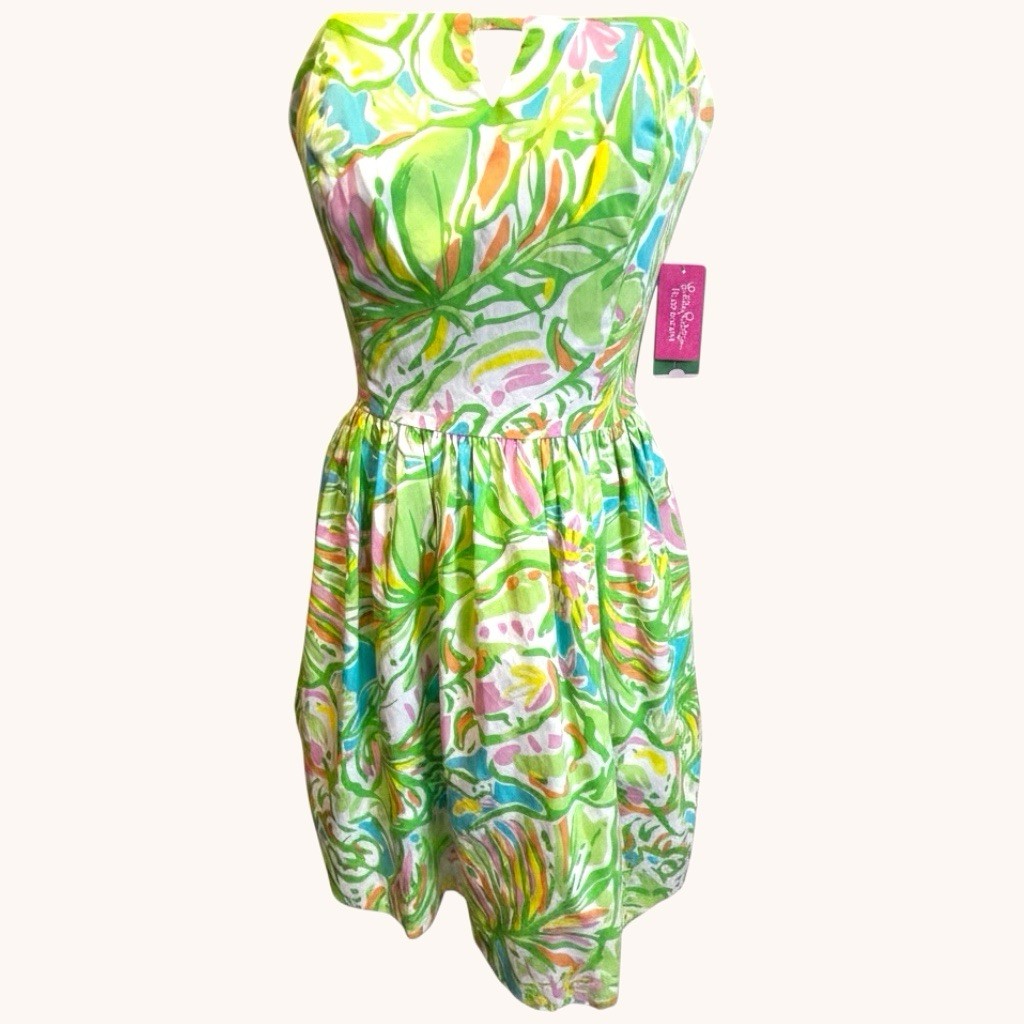 Lilly Pulitzer Size 2 Strapless Tie Back Dress Elephant Ear Green Pink