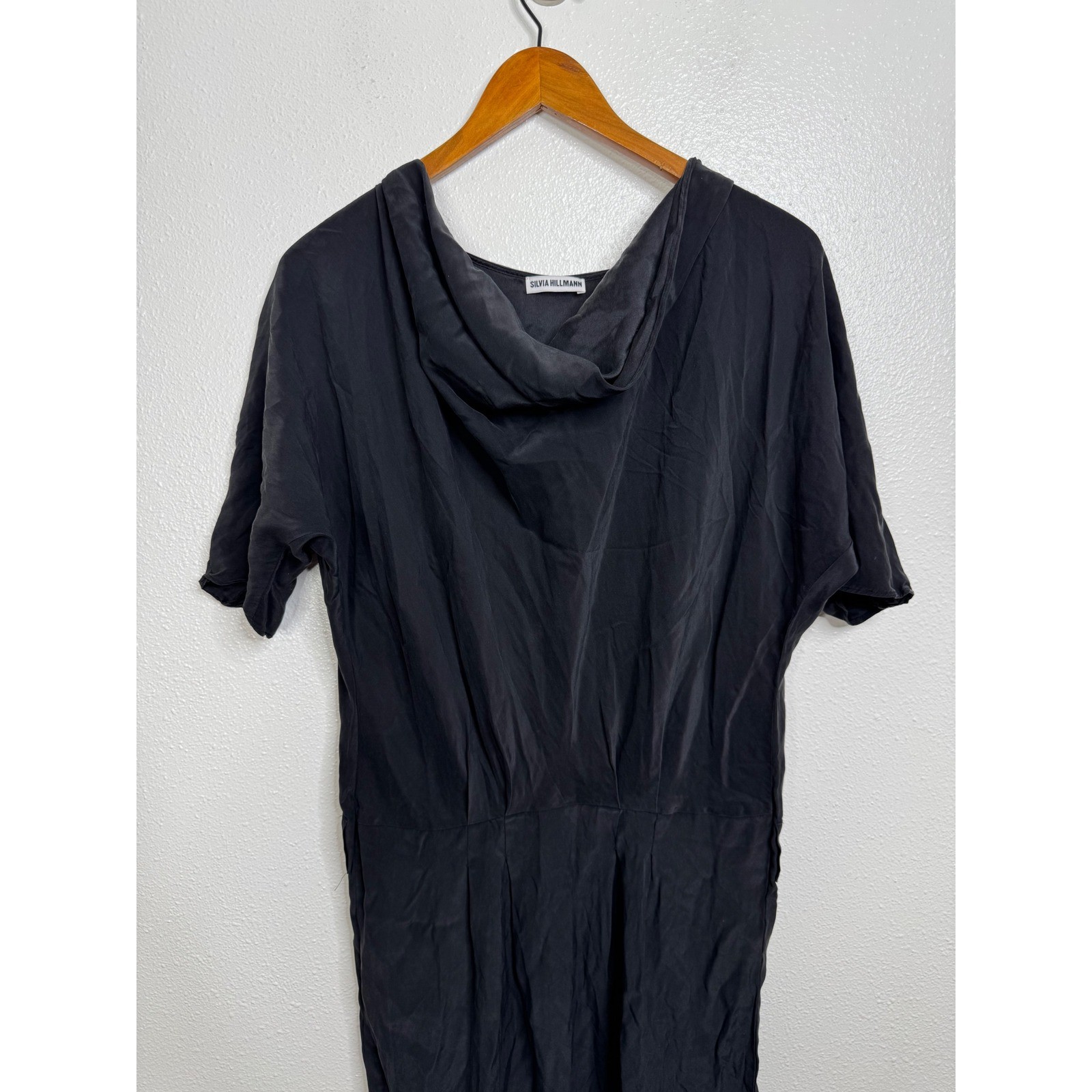 Silvia Hillmann Black Cowl Neck Draped Midi Dress with Pockets Womens Minimalist