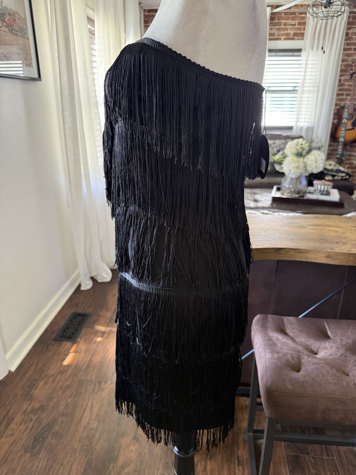 NWT Black Strapless Fringe Sexy Cocktail Midi Body-con Dress Size L Stretch